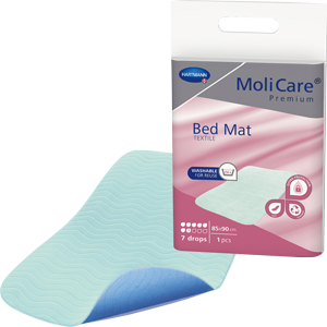 Verpackung der MoliCare Premium Bed Mat TEXTILE von Hartmann. Auf der Verpackung ist eine hellblaue, waschbare Bettschutzeinlage abgebildet. Symbole zeigen die Eigenschaften: waschbar für den Wiedergebrauch, hohe Saugfähigkeit (7 Tropfen) und Schutz vor Feuchtigkeit. Die Maße der Matte sind 85 x 90 cm.