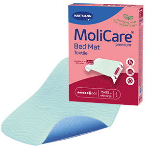 Verpackung der MoliCare Premium Bed Mat TEXTILE von Hartmann. Auf der Verpackung ist eine hellblaue, waschbare Bettschutzeinlage abgebildet. Symbole zeigen die Eigenschaften: waschbar für den Wiedergebrauch, hohe Saugfähigkeit (7 Tropfen) und Schutz vor Feuchtigkeit. Die Maße der Matte sind 85 x 90 cm.