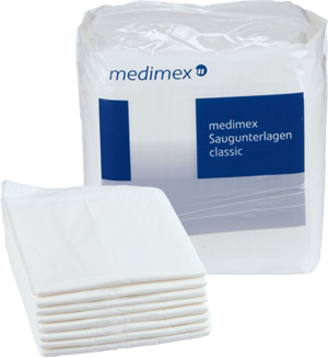 Verpackung von medimex Saugunterlagen classic. Vor der Verpackung ist ein Stapel weißer, gefalteter Saugunterlagen zu sehen. Die Verpackung ist in Weiß und Blau gestaltet, mit einem schlichten Design und der Produktbezeichnung auf der Vorderseite.